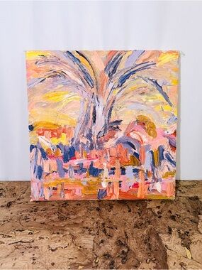 Painting of Abstract Palm Tree Acrylic on Canvas Art in Pink, Yellow & Blue 🌴